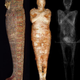 Three views, showing the coffin, the mummy, and an X-ray scan.